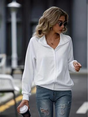Casual Women's Knit Jacket - Solid Color, Long Sleeve, Loose Fit, Zipper, Versatile for Autumn and Winter