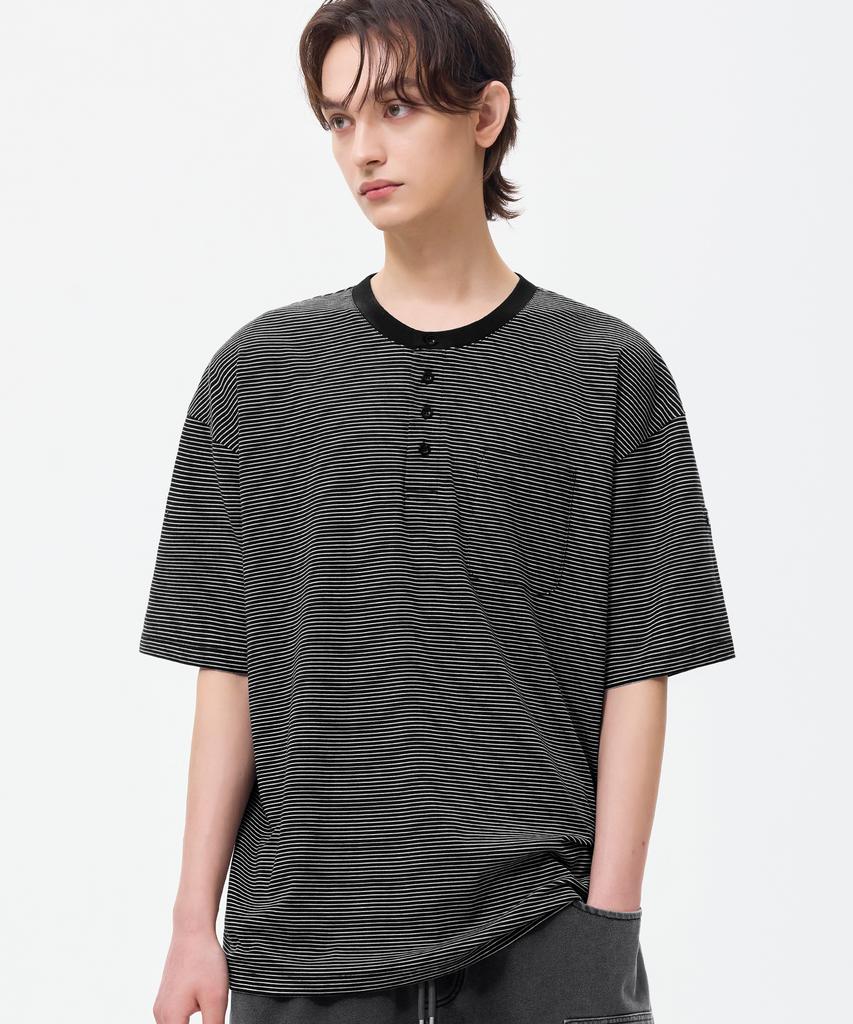 TRILLION Roll-Up One-Pocket Henley Neck Short Sleeve T-Shirt_4Color