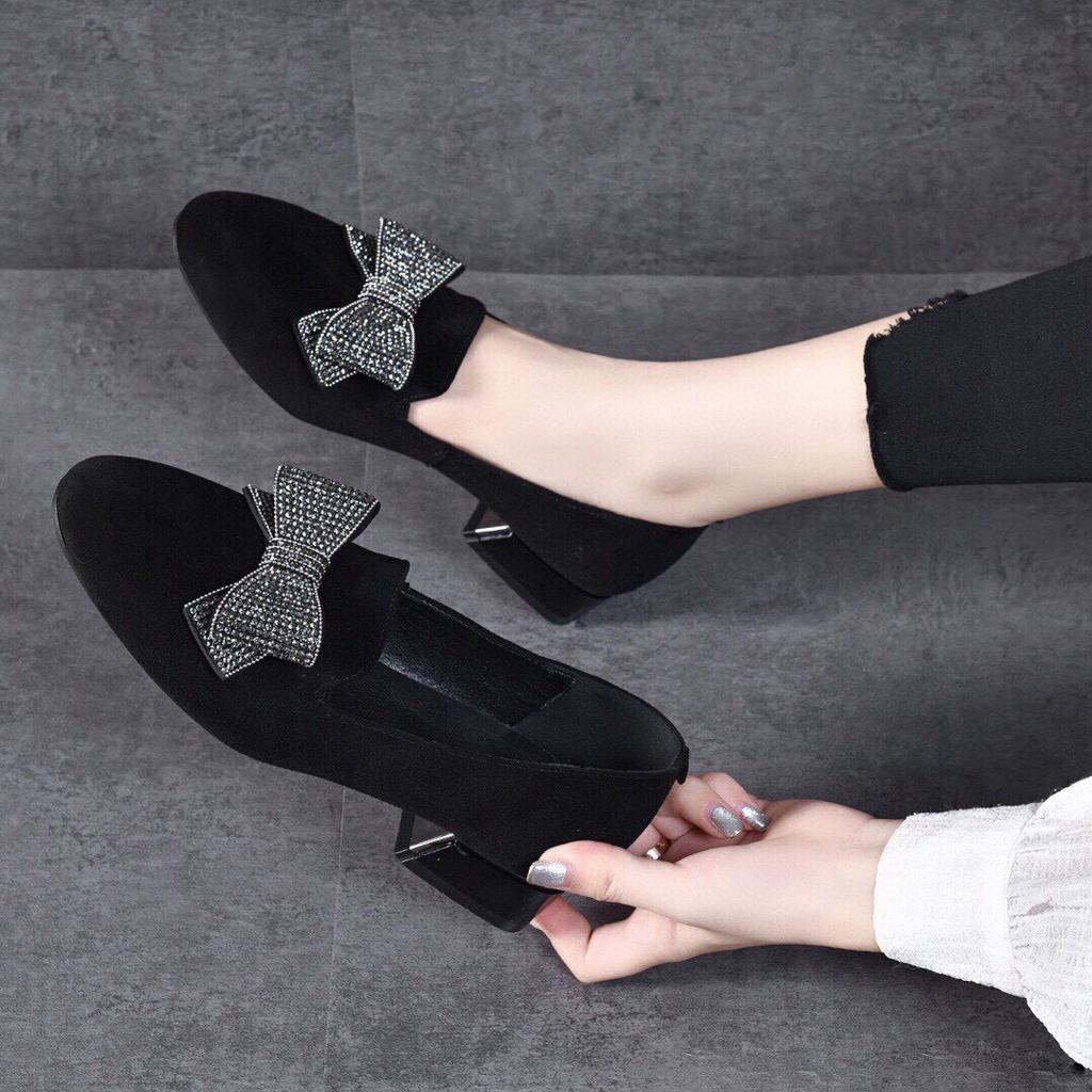 Single Shoes Women's 2025 Spring New Black Sheepskin Low Heel Bow Korean Version Women's Shoes Low Top One Pedal Loafers