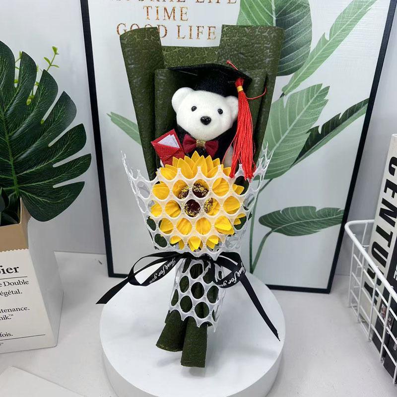 1Pc Graduation Bouquet Student Gift Crochet Flower Mini Party Decor DIY Little Bear Plush Toy Sunflower