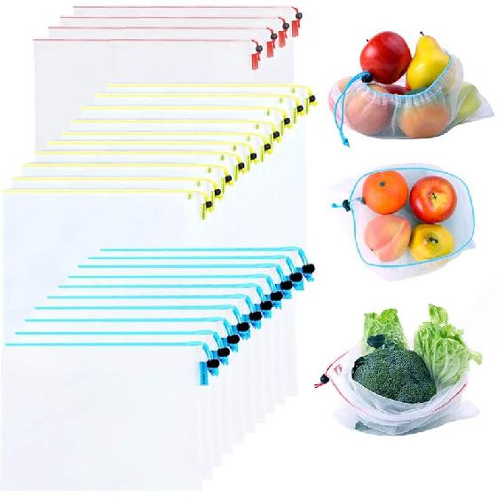 24 pack Reusable Produce Bags,Reusable produce bags for grocery,mesh bags See-Through and Washable Grogery Bags with 3 Sizes useful for storage See-Through