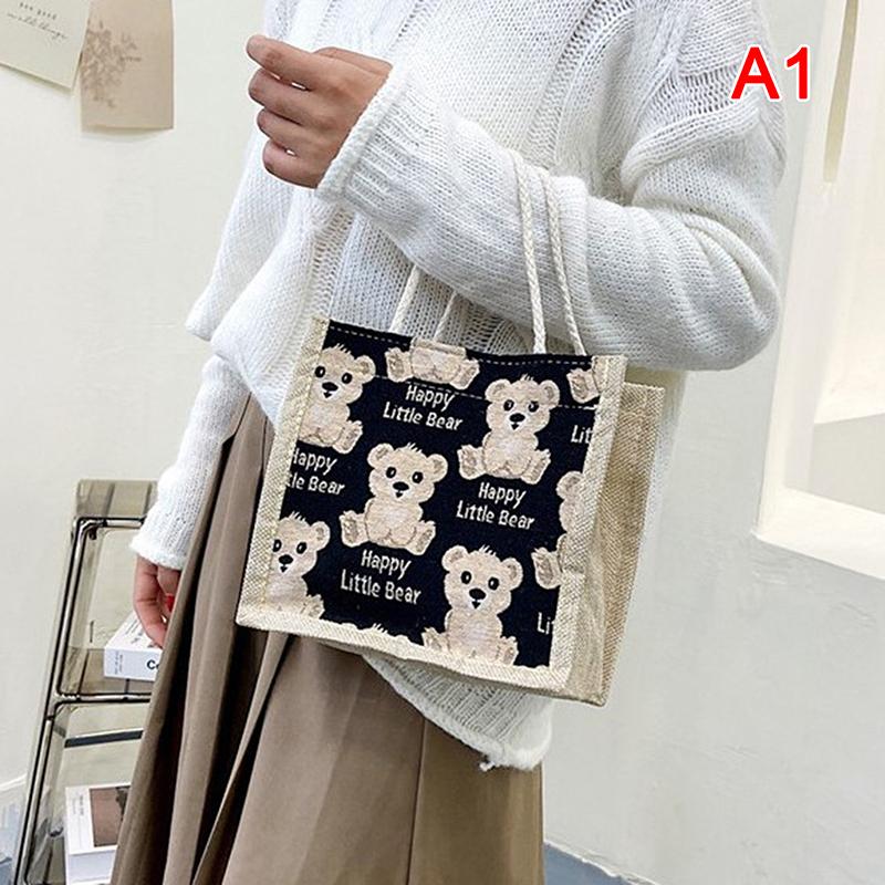 Women Cute Bear Pattern Shoulder Bag Flax Girl Student Handbag Mini Outdoor
