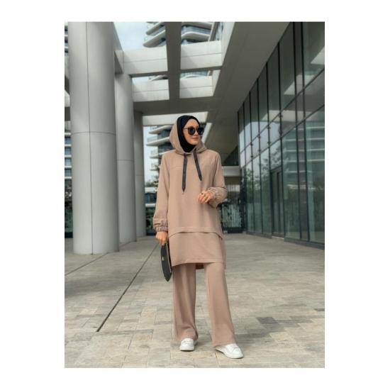 Women's Hooded Zippered Sleeves Elastic Wide Leg Pants Suit