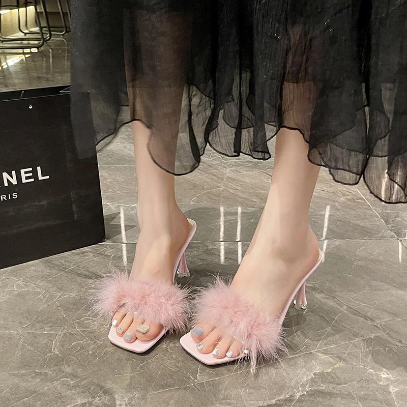 Fashion Plus Size 2025 New Women's Open Toe Slippers Square Toe Feather Thin Heels Sandals Summer Fashion Party Dress Slippers Zapatos