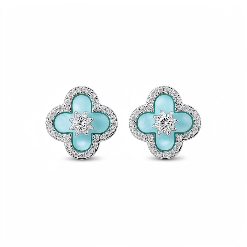 Blue Clover Flower Necklace Set With Zircon Accents Minimalist Womens Daily Wear