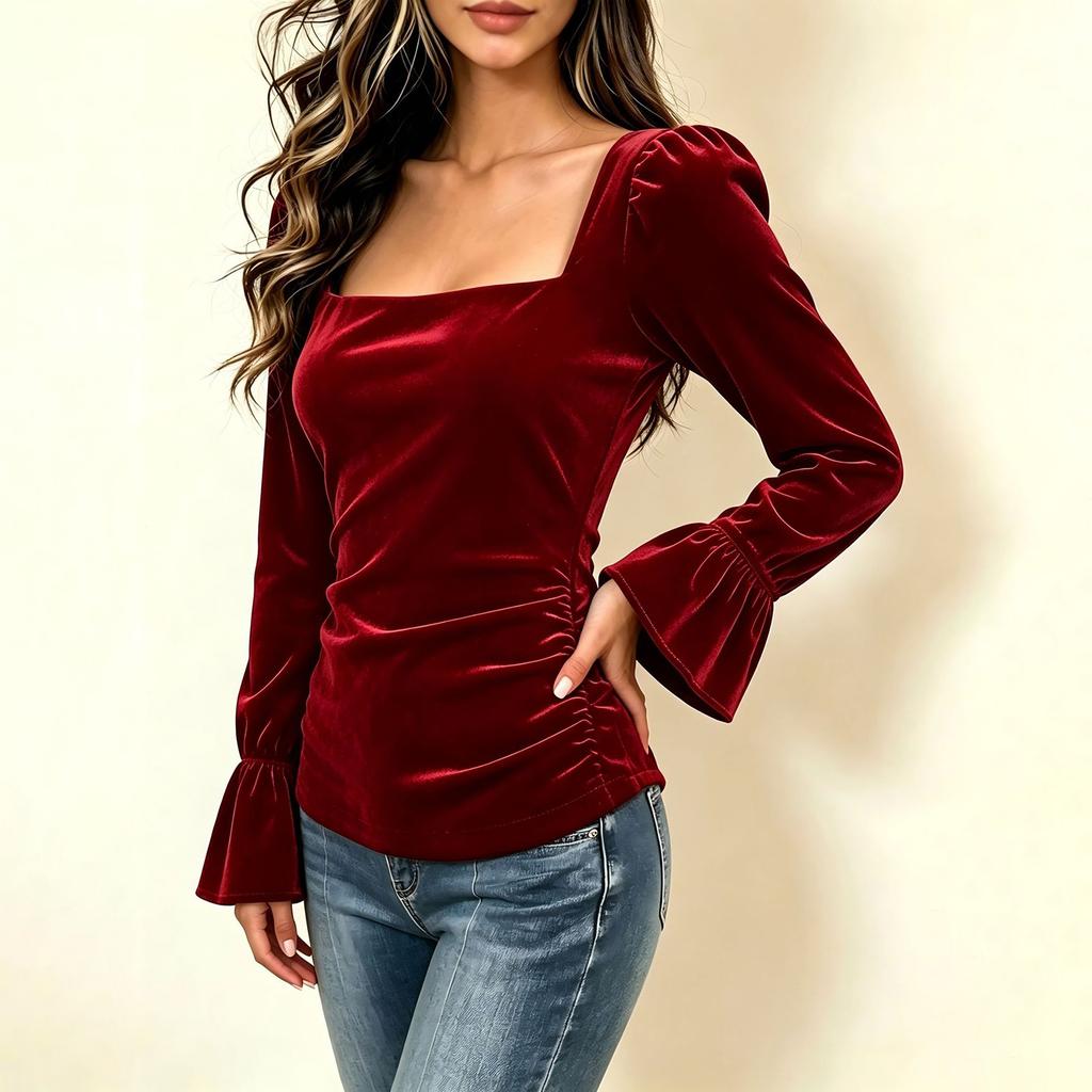 Women's Elegant Casual Velvet Blouse with Square Neck and Bell Sleeves