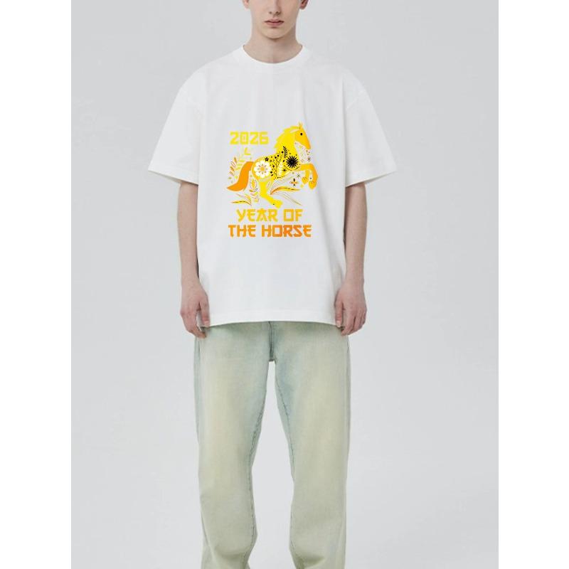 Zwart T-shirt Met 2026 Jaar van het Paard Bloemenontwerp Voor Casual Kleding