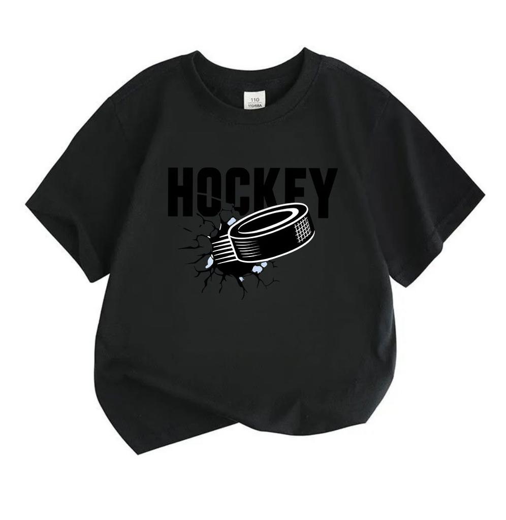 Kids Boys Girls 100% Cotton Crew Neck Short Sleeve T-Shirt, Cool Ice Breaking Hockey Puck Print Casual Soft Daily Tees for Sports Game Playing Summer