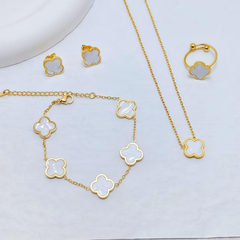 4PCS 13MM Double-Sided Smooth Mother-of-Pearl Four-Leaf Clover Set, Necklace, Bracelet, Earrings And Ring Set, Versatile Jewelry for Women