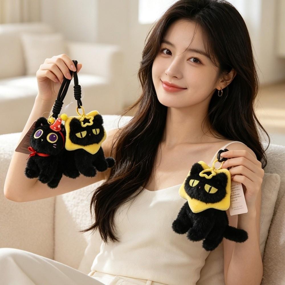 With Bell Big-eyed Cat Plush Pendant Cartoon Black Cat Plush Toy Black Cat Keychain  Girls Gifts