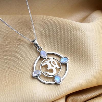 Natural Moonstone Om Pendant Necklace 925 Sterling Silver Women Jewelry
