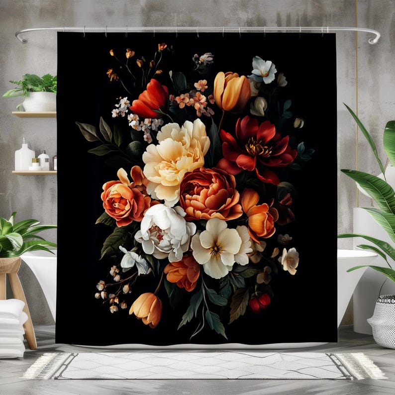 Tenda da Doccia Floreale Scura Retrò con Motivo Nero Rosso Rosa, Decorazione Artistica Impermeabile per Bagni di Case Eleganti