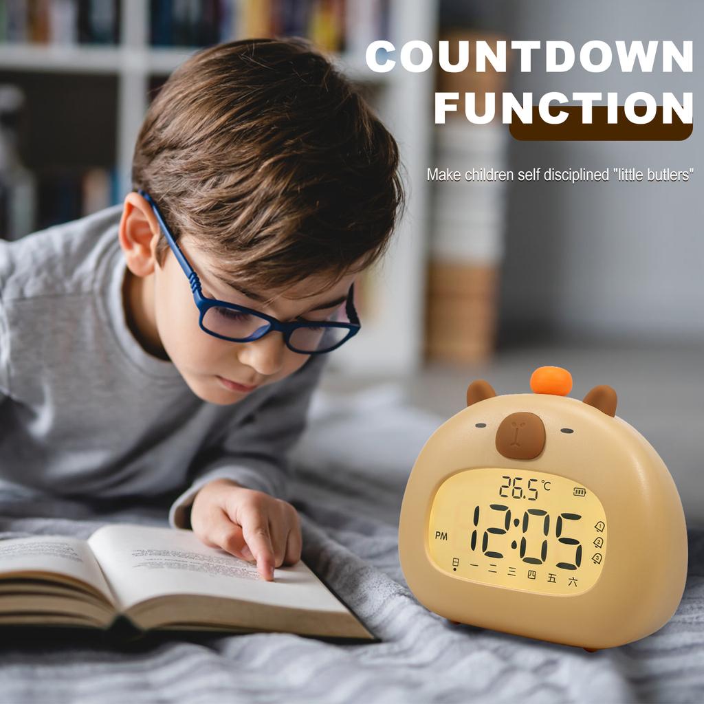 1Pc Cute Capybara Alarm Clock Bedside LED Clocks with Dimming Night Light 3 Workday Alarm Mode Rechargeable Alarm Clock for Kids