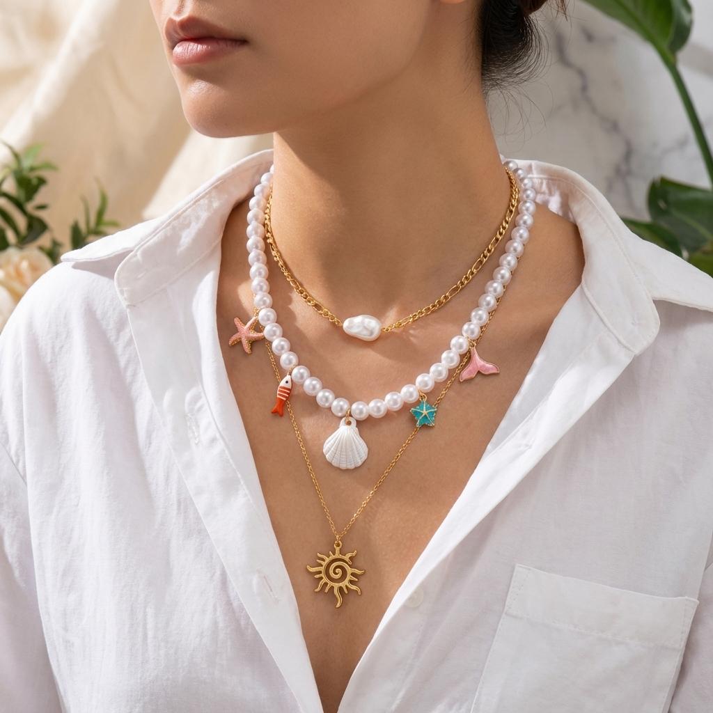 Bohemian Beach Shell Conch Beaded Necklace for Women Ocean Style Seashell Starfish Sun Pendant Choker Vacation Party Jewelry