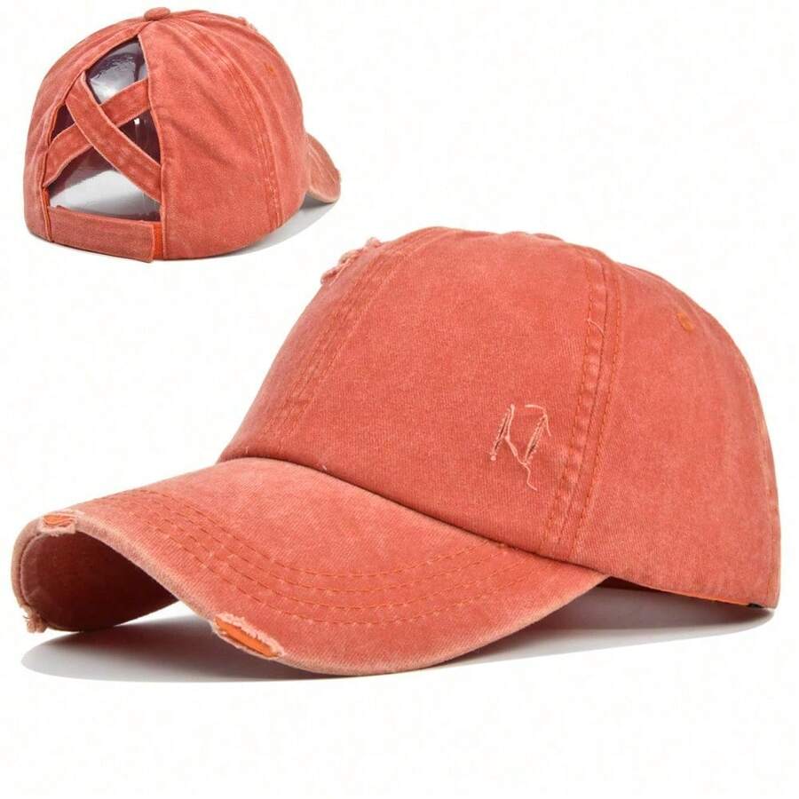 Vintage Washed Distressed Denim Baseball Cap With Criss Cross Ponytail Hole For Women