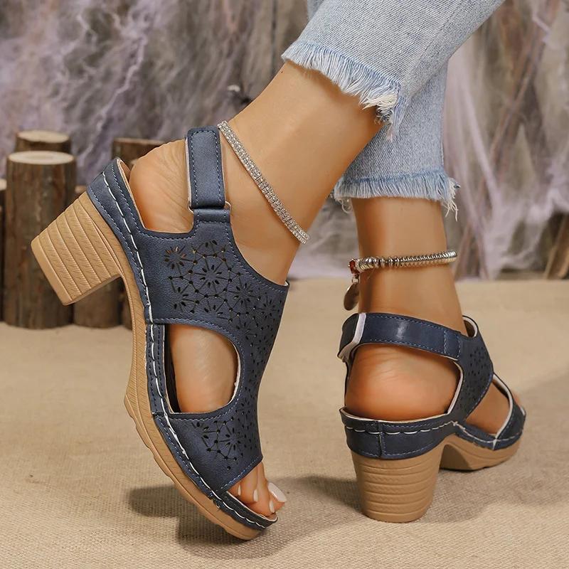 Fashion Women's Fashion Thick Sole Hollow Sandals Summer High Heel Peep Toe Sandal Female New Back Strap Square Heel Sandalias Mujer
