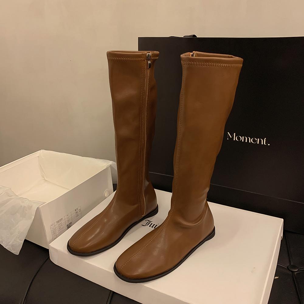 Beautiful Tube Thin Rad But Flat Single Boots Knight Boots Versatile Korean Version Tall Boots Female White Round Head Thin Long
