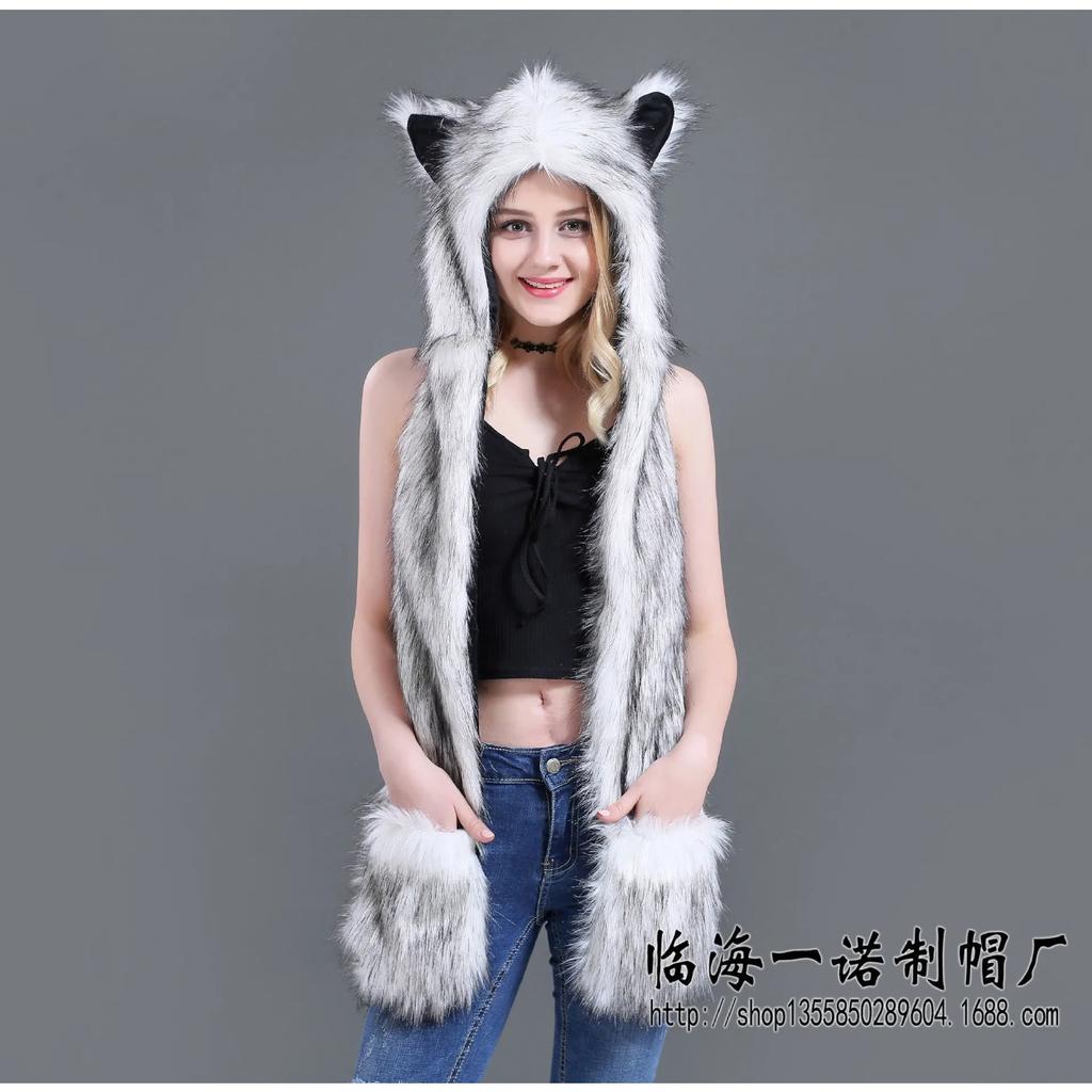 Women Girls Y2K Beanie Fur Animal Hat Scarf Glove Mitten 3-in-1 Function Furry Hoodie with Paws Ears Party Costume