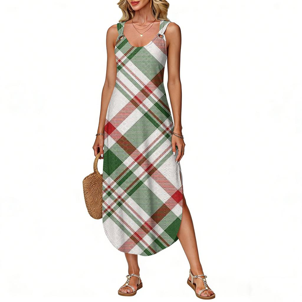 Women's Summer Long Dress, Sleeveless with Side Slits, Long Plaid Printed Vest Dress