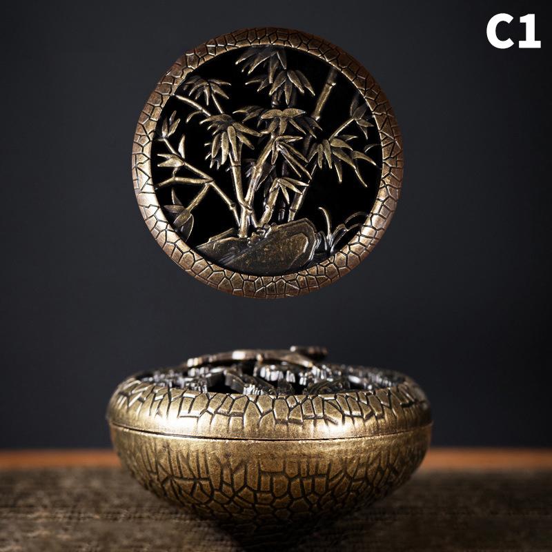 Brûleur d'encens antique avec couvercle creux, porte-bobine anti-moustiques en métal et bambou, orchidée prune, plaque de poêle à encens en bois de santal pour la maison