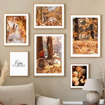 Autumn Fallen Leaves Maple Deer Bike Camera Fall Posters And Prints Wall Art Canvas Painting For Living Room Home Decoration