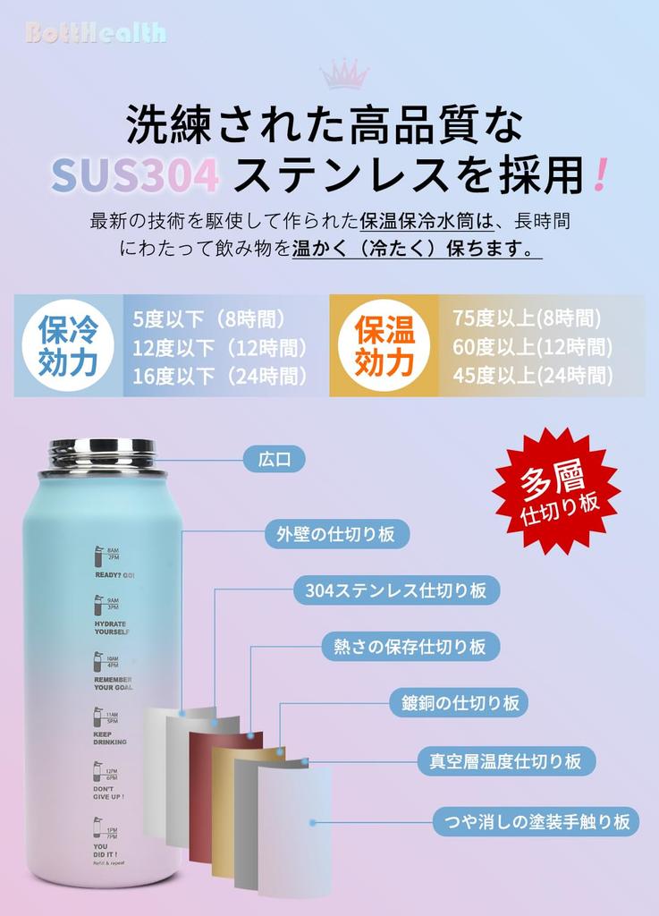 BottHealth Insulated Water 1 Direct SUS304 Stainless Vacuum Sports Easy to Wide Mouth Stainless Mountain Blue Pink Bottle, Liter, Thermos, Drinking,