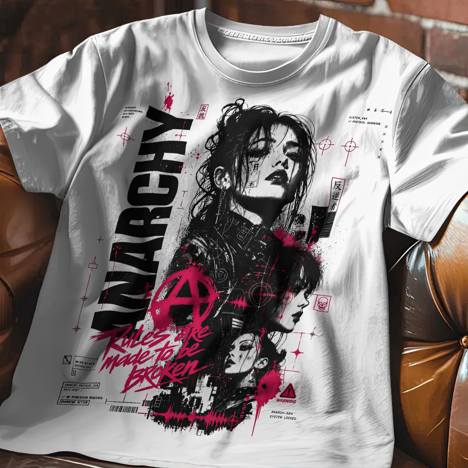 Dystopian streetwear shirt with edgy anime graphics and rebel anarchy grunge text. L