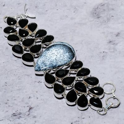 Natürlicher Dendriten-Opal, Spinell-Edelstein, 925er Sterling-Silber-Armband, 17,8–20,3 cm, f6E90