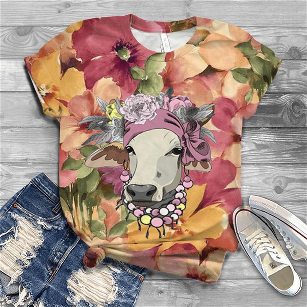 Women's T-shirt Short Sleeve Summer Everyday Animation Horse Digital 3D Print Sexy Diagonal Collar Top Loose Female Pullover
