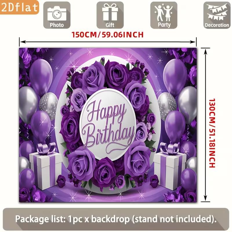 2D Purple Silver Balloon & Rose Happy Birthday Backdrop Banner Photo Booth Background