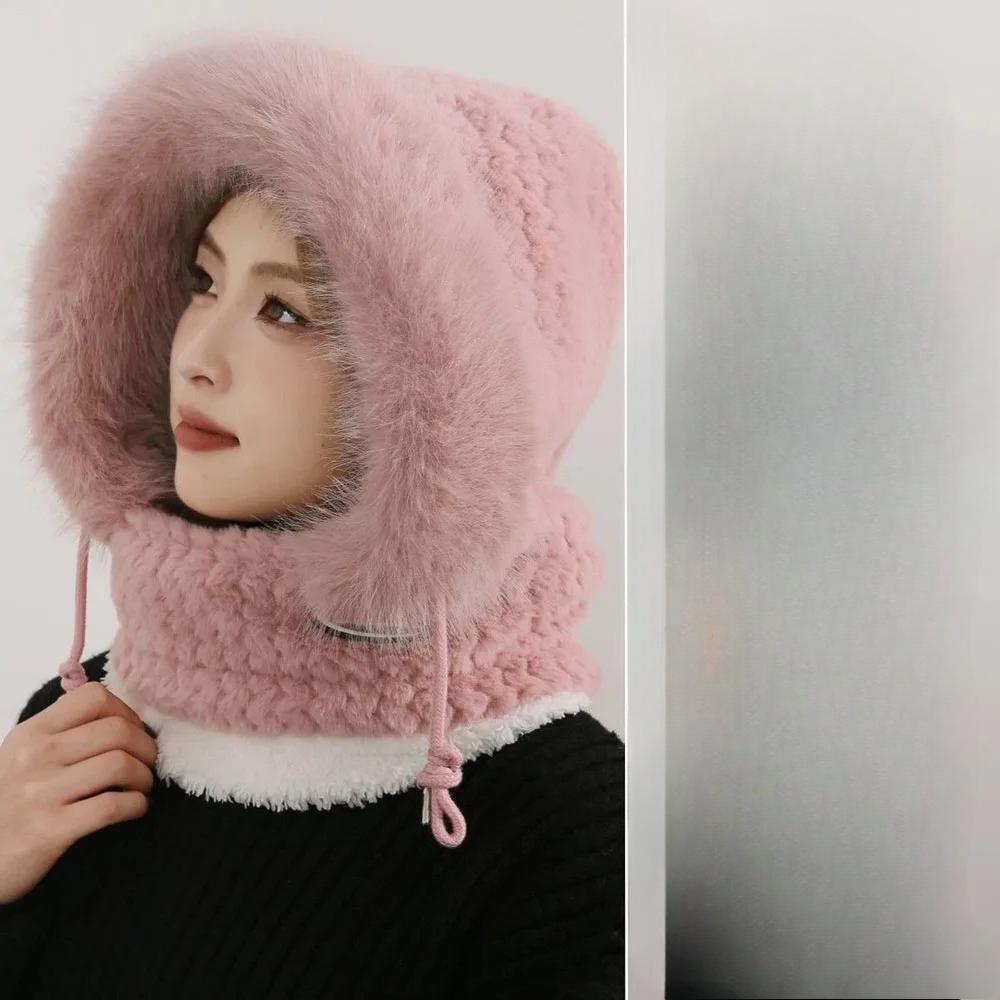 Autumn And Winter Women Thermal Plush Hat Hood Scarf And Mask Ear Protection Windproof Thick Design For Riding Outdoor