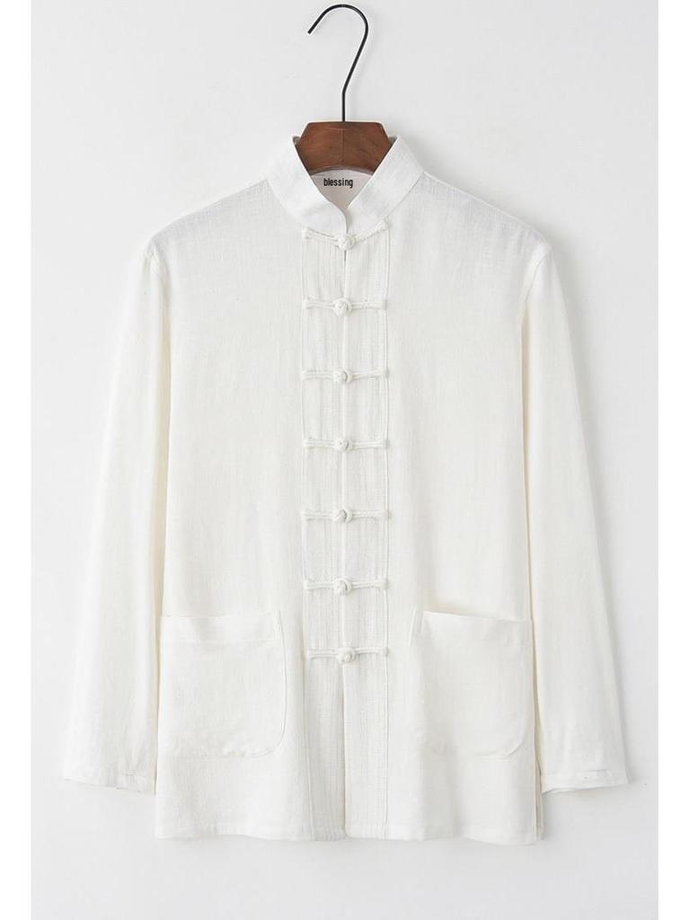 Costume Tang en Coton Lin à Manches Longues pour Homme: Style chinois rétro, Coupe ample pour personnes d'âge moyen et âgées, Parfait pour le Tai Chi.