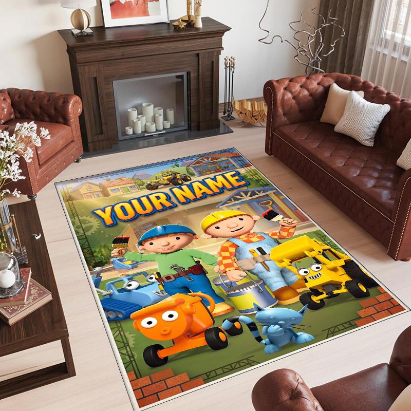 Personalized Crystal Velvet Carpet Custom Name Text,Bob the Builder Anti Slip Area Rug For Home Decoration