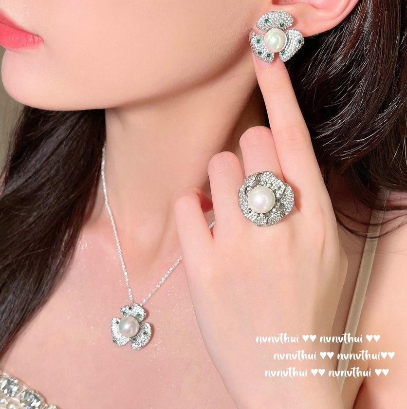 Mermaid Princess, Flower Gem Pearl Necklace, Tahiti, Vintage Flower, Zircon Pearl Ring, Combination