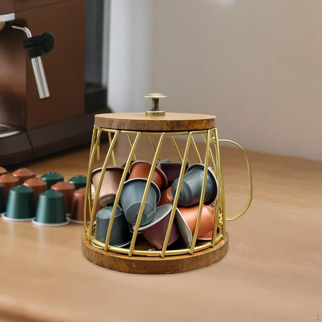 Coffee Pod Holder Basket Metal Wire Cup Shaped Wooden Capsule Container for Kitchen