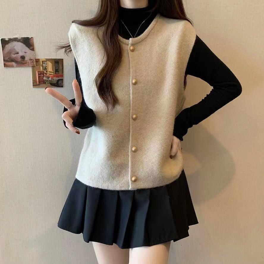 Japanese Style Simple Solid Color Vest Round Neck for Versatile Outerwear Spring and Autumn Gentle Single Breasted Shoulder Knitted Vest for Women