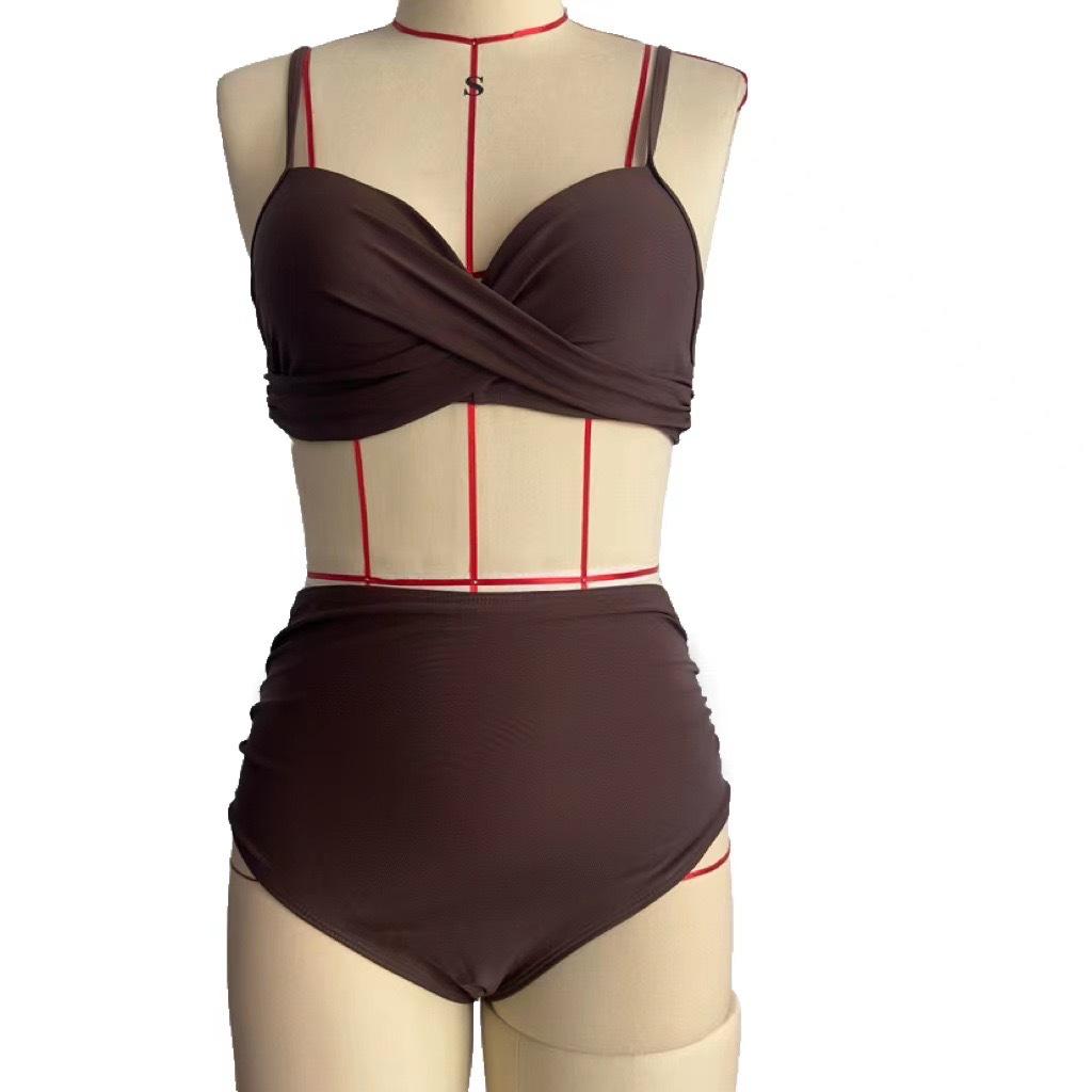 Multi-color Printing Split Solid Color Gathering Bikini High Waist Explosion Swimsuit Tight