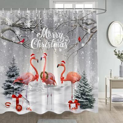 GAEFunny Flamingo Christmas Shower Curtain Winter Forest Cedar Snowflake Nature Snow Scene New Year Xmas Bathroom Decor With H