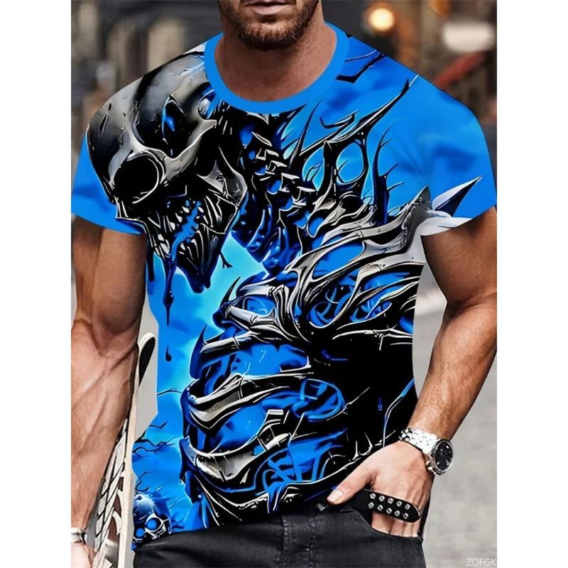 Summer Comfortable Round Neck Short Sleeved Men's 3D Horror Skull Print T-shirt Casual T-shirt Fashion Clothing