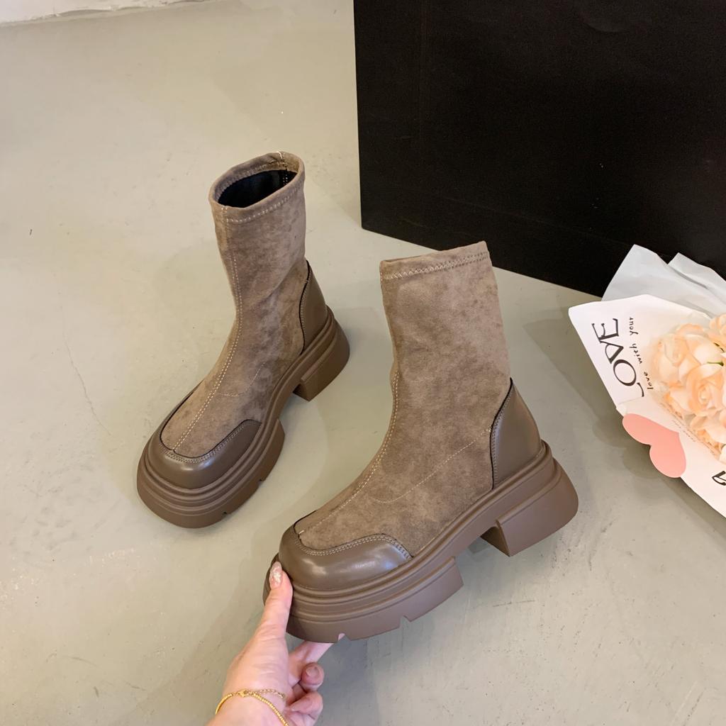 Platform short boots women's new early autumn elastic thin boots retro British Martin boots Chelsea boots tide