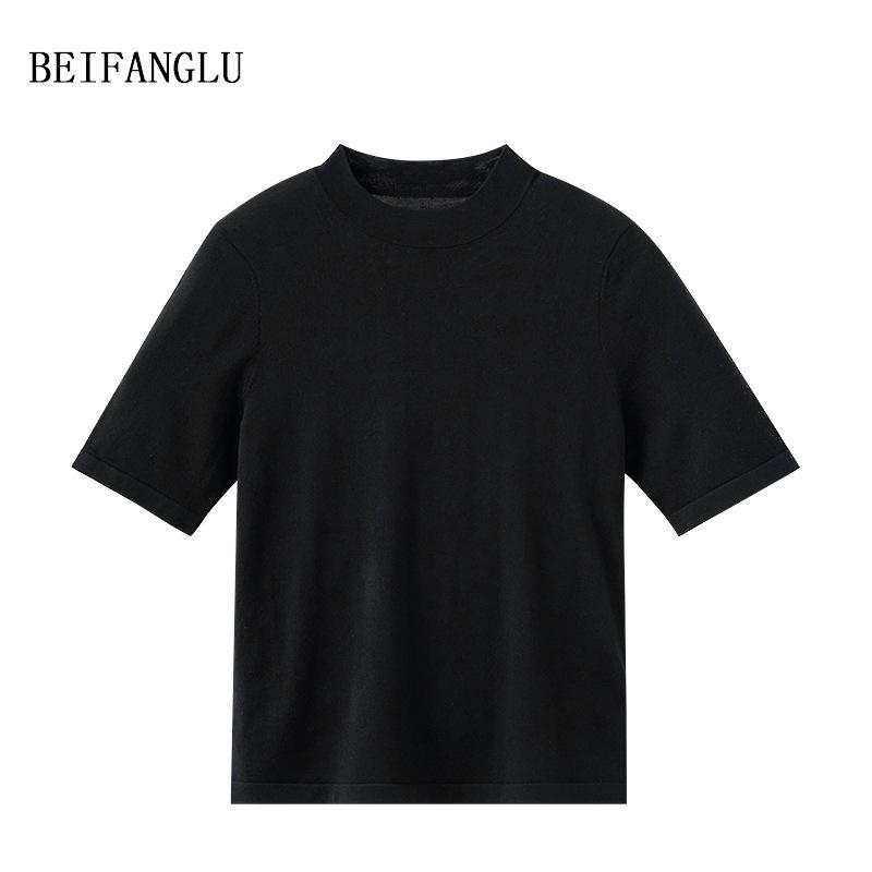 Northern Deer Women's Fine Wool Knit Short Sleeve T-Shirt with Half-High Collar