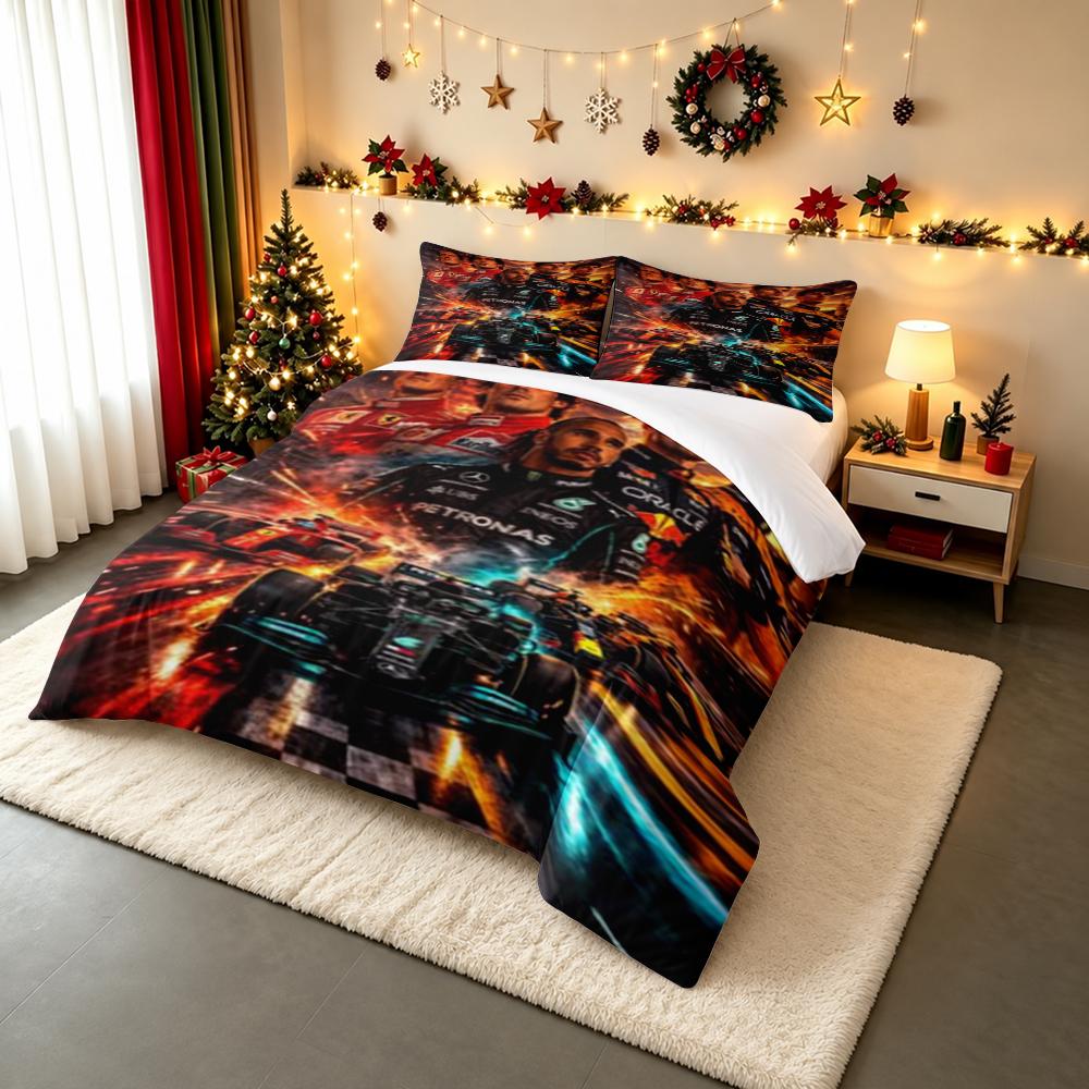 3 Piece Bedding Set with Duvet Cover and 2 Pillowcases - F1 Drivers Hamilton Leclerc Verstappen Collage Print - Motorsport Decor