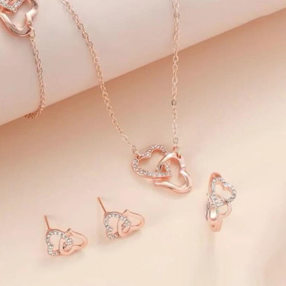 5 Piece Rose Gold Zircon Combination Bracelet Ring Necklace Earrings Zircon Set Fashionable And Suitable For Party Style