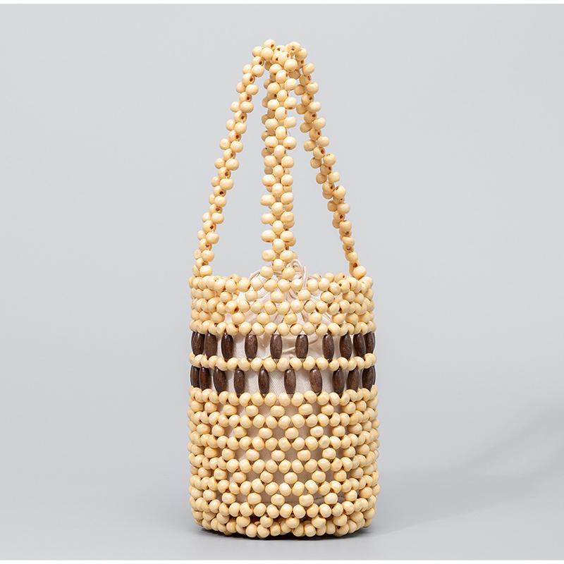 

Handmade Beaded Bucket Bag With Contrast Stripe Design Boho Style Lightweight Wooden Bead Weave Daily Commute Beach Trip Handbag бежевый