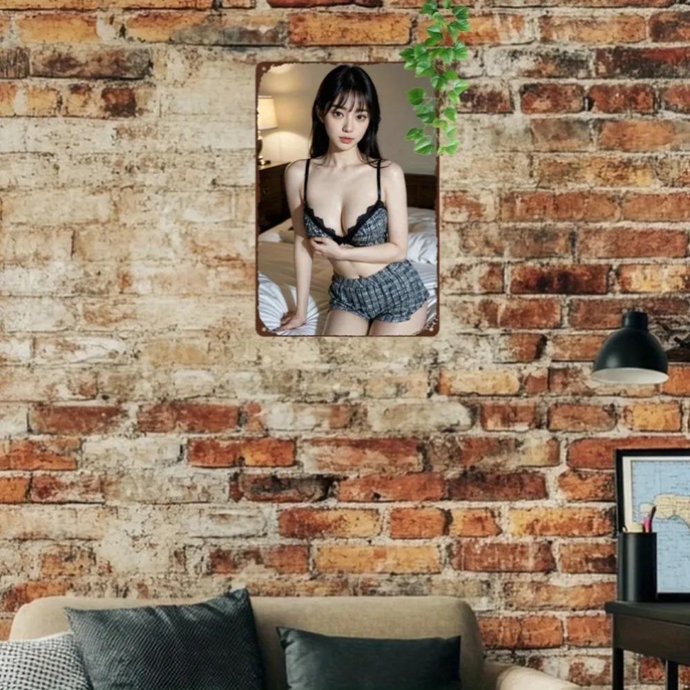Hisun Tin Sign HD Metal Tin Sign Stunning Asian Beauty In Black Plaid Lace Lingerie Set Vintage Poster Sexy Sleepwear Style Wall Art Decor Fo