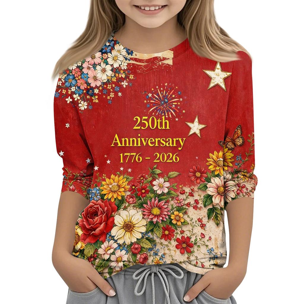Children's Independence Day Printed Round Neck Seven Quarter Sleeve Casual T-shirt