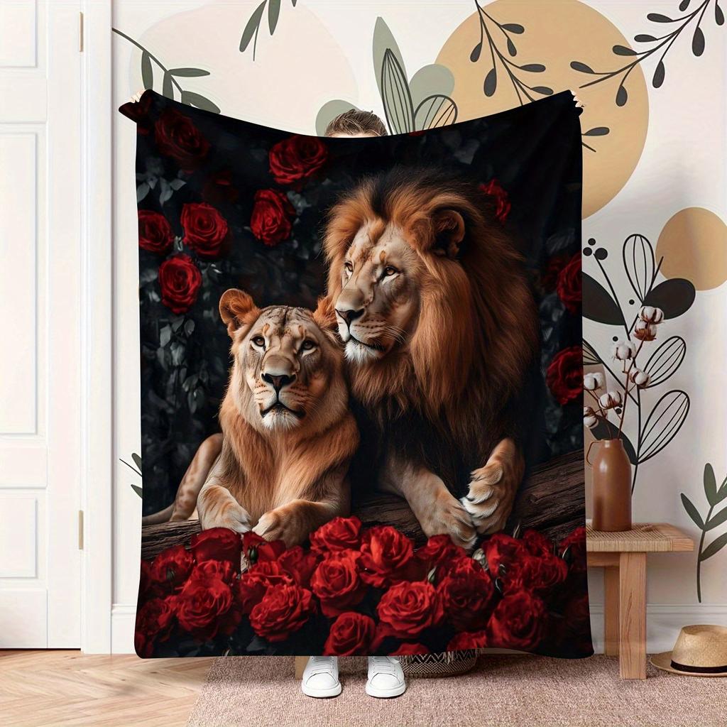 Luxurious Lion Pattern Print Throw Blanket - Regal Animal Motif Soft Lightweight Accent for Sofa Bed Travel Office