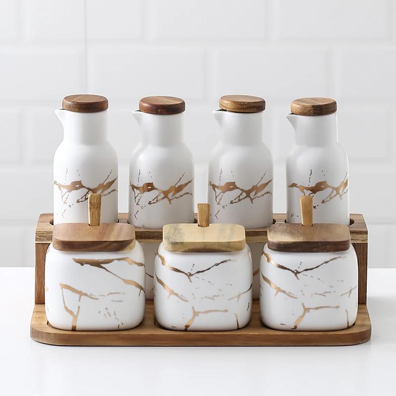 Matte Marble Pattern Ceramic Kitchen Spice Jar Oiler Set Wooden Cover Salt Shaker Spice Jar Kitchen Condiment Storage Rack Set