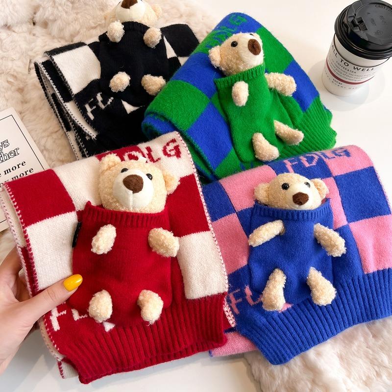 Christmas red scarf bear checkerboard wool small scarf women's winter white warm knitted scarf