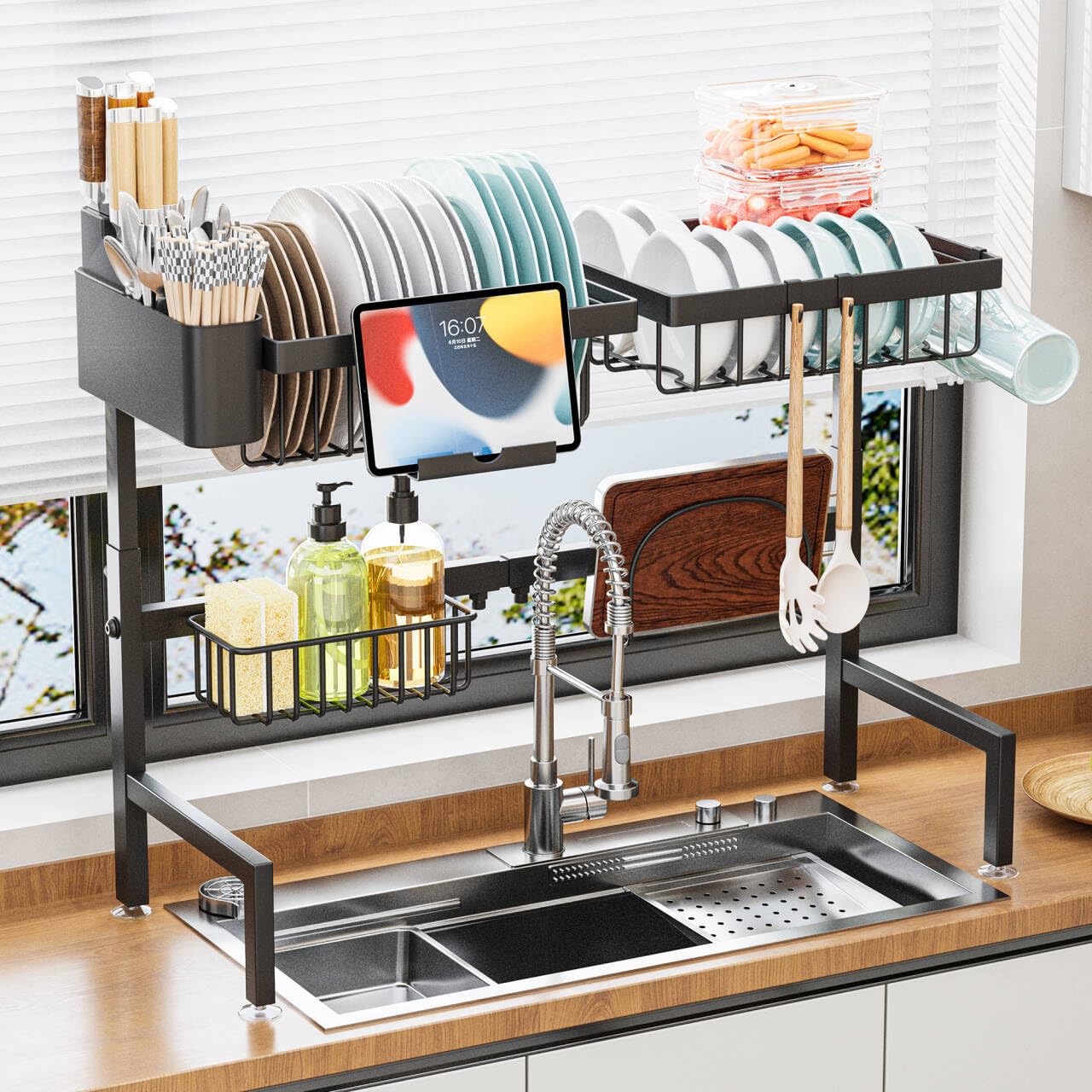 

Сушилка для посуды над сливным баком, ширина, стойка для раковины, хранение посуды, которое можно установить на стойку, сливная стойка, большая вместимость, автоматический слив, с чёрный